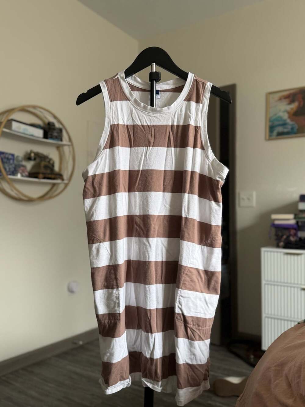 Old Navy Tank Dress Size XL Brown White Striped Sleeveless Pocket